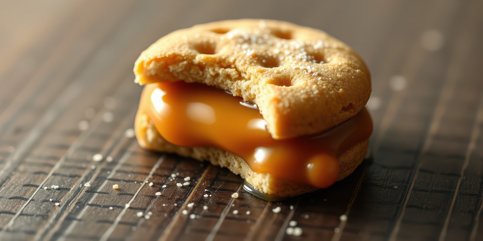 Delicious cookie filled with caramel and sea salt on a wooden surface